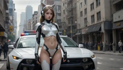The image shows a young, thin woman in a futuristic suit standing on a police car. She is dressed in white and gray armor, with an open torso. On her head she has a helmet with ears, similar to a cat's. On her left hand is a mechanical device with several fingers. She is standing with one foot resting on the hood of the car, and the other on the fender.

In the background, city buildings are visible, as well as a crowd of people watching the event. Above the car hangs a road sign with the inscription "Downtown CA" and an arrow pointing downwards. On the bumper of the car is a yellow tape with the inscription "CAUTION SEX TAPE CAUTION".

The hood of the car is painted red and white. The reflection of the surrounding landscape is visible in the transparent dome above the hood. Inside, you can make out a steering wheel., mecha, <lora:mecha-000009 (1):.8>, flat, chested, <lora:flat_chested_v3.5:.8>, <lora:Thigh_gap_SDXL:.8>, <lora:ahxl_v1:.8>