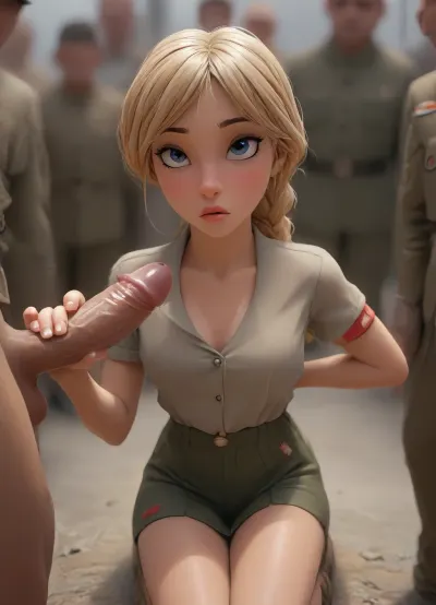 Full-body drawing of a fascist-corp 18yo girl on her knees giving a handjob, slender body, she wears the uniform of a fascist party, (khaki military blouse:2), black armband, (very sharp tan lines, heavy tan, very pale underneath tan lines), innocent face, big wet eyes, blonde hair in a tight dutch braid, her pretty head is crowned with her golden-blonde dutch braided hair, small perky breasts, seductive look, slutty, erotica, eye contact, Drawing, she holds a huge cock near her face, facejob, sucking, cock, big, eyes, <lora:ChrisSanderNov2023:.3>, <lora:Samaritan 3d Cartoon SDXL:.5>, <lora:cockteaseLoRASDXL:.8>, <lora:Style_eyes _and_hair_XL-v2:.8>