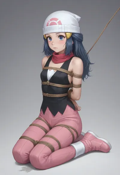 dawn_\, (pokemon\), <lora:dawn_(pokemon)_v3:.8>, kneeing on the ground, arms behind her back, tied to a metal frame, tied by ropes, full body tied to the frame, full body