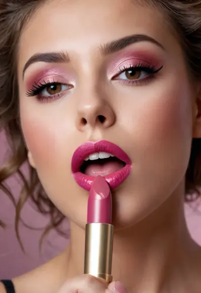 COPYRIGHT, High-gloss graphics, brightly lit face with high luminance, close-up, a beautiful coquettish woman, she is applying lipstick to her lips, lipstick, lingerie, excellent style, olive skin, light brown elaborate hairstyle, light brown eyes, moist {magenta} bright lips, a lipstick applied to the mouth, dynamic movements, beige background, END, ///©KITTY-ART///








///©KITTY-ART///