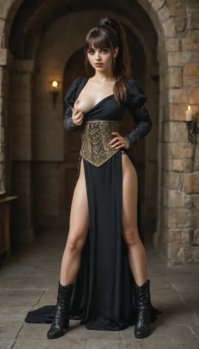 (1 woman:1.6), ((18-year-old brunette goth woman:1.6), (ponytail with bangs:1.6)), (firm breasts), shaved pussy, (posing, expression, horny, slutty, seductive), (medieval peasant outfit:1.6), (Medieval bedroom), sweaty skin, toned, full-length photo, 70mm lens, aesthetic, symmetrical, sharp, slim, athletic, long legs, muscular legs, chapagina high heels, textured skin, perfect body, over the knee boots, goosebumps, detailed, small waist, gold pattern on the dress, one breast visible, <lora:chest_adjust:1.8>, <lora:breasts_slider_v10:1.8>, <lora:289505_training_data:1>, <lora:HandFineTuning_XL:1.8>