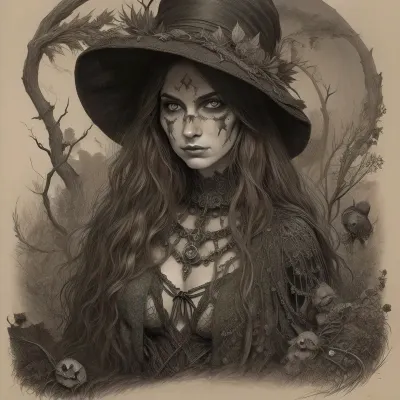 A detailed, sepia-toned Gothic-style drawing. It depicts a toplees witch with long, wavy hair, wearing a pointed, leaf-decorated hat and a tattered cloak. Her face is painted grotesque. Surrounding her are skulls, bats, and twisting, thorny vines, creating a macabre, eerie atmosphere. The background is densely filled with intricate, organic patterns. Dark, mystical atmosphere. #©KITTYART

























#©KITTYART