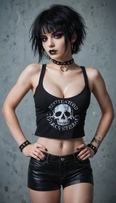 masterpiece, best quality, amazing quality, very aesthetic, high resolution, ultra-detailed, realistic, seductively, Emo, emo girl, makeup, emo clothes, short hair, thin, perfect figure, piercing, pink and black clothes, cleavage, arms akimbo, hands on hips