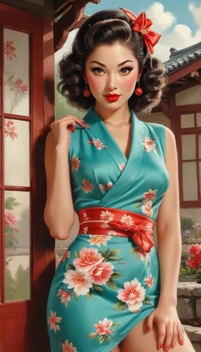 A pin-up style illustration of a sexy Japanese woman with a mid-20th century retro aesthetic. She is standing looking at the viewer, Full round ass, she is dressed in a Japanese kimono, full open lips, She has large expressive eyes, sott curly hair in a 1950s hairstyle, she has very large natural breasts with a realistic sag, a beautiful face, perfect hands, perfect fingers, hairy pussy, The background is a traditional Japanese house. The lighting is soft and flattering, highlighting the women's features without harsh shadows. Technical details, (for AI generator), lifelike, high detail, sharp focus, vibrant colors, warm lighting, soft glow, full-shot portrait, professional studio quality, . Illustration is rendered in traditional pin-up painting style, (like Gil Elvgren), with warm tones and gentle shading, style, of, Art, Frahm, <lora:tbh210-sdxl:1.5>