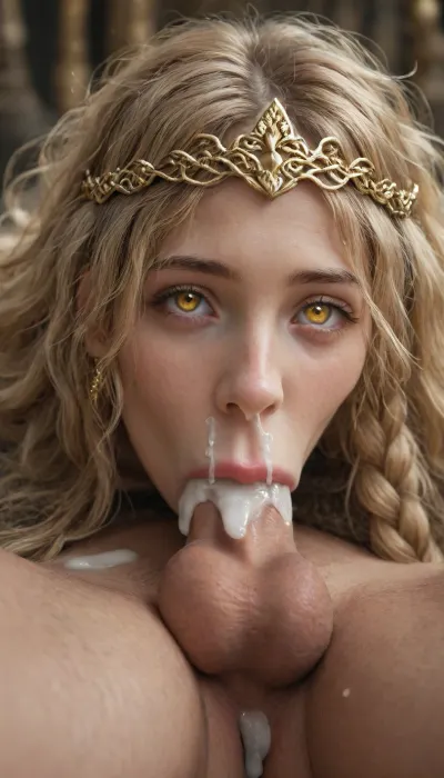 ((queen marika from "elden ring", (golden white eyes:2.1), (golden tiara:1.5), (one big braid:1.5), messy hair, hair on eye, very long straight blonde hair, golden ornaments, golden jewelry)), (1 adult man), 69 position, round balls, tiny penis, deepthroat blowjob, (excessive cum:1.2), cum under nose, excessive cum dripping from his penis, no panties, close up, from the front, looking at viewer, focus on eyes, on the beach