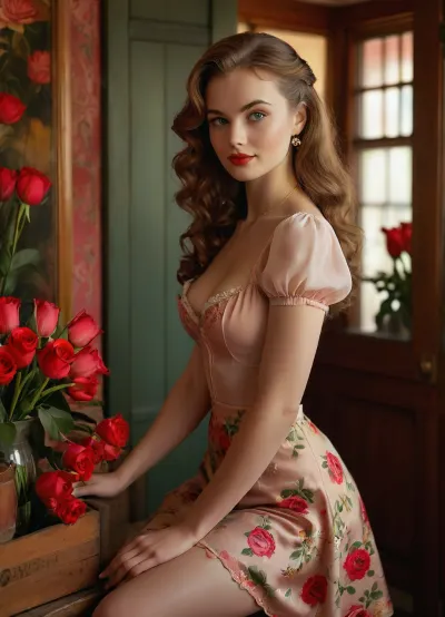 (masterpiece, best quality, ultra-detailed, photorealistic, HDR, full-body portrait, glamorous retro pin-up style lighting), female, 22 years old, vintage florist girl, Eastern European, extremely sexy yet elegant appearance, perfectly symmetrical facial features, flawless luminous fair skin with soft peach undertones, gently rounded jawline, petite chin, high delicate cheekbones with natural blush, small refined nose, very large bright green eyes with thick upward-curled black lashes, perfectly arched brows, full glossy heart-shaped lips painted in rich crimson red, subtle seductive smile showing a glimpse of perfect white teeth, (long thick wavy chestnut hair flowing freely down to her hips:1.2), body with ultra-slim waist, flat toned belly, (large full round natural breasts:1.2), wide feminine hips, long shapely legs in sheer nude stockings, wearing a tight vintage floral-print pencil skirt sitting high on the waist, form-fitting pastel pink silk blouse with short puffed sleeves and deep plunging neckline accentuating her cleavage, vintage flower-print apron tied neatly at the back, open-toe red high heels, small pearl earrings, holding an ornate pair of vintage gold floral scissors in one hand and a large bouquet of red roses in the other, standing in the doorway of a cozy 1950s-style flower shop, shop filled with roses, tulips, lilies in wooden crates, pastel-painted walls, warm golden sunlight streaming through the front window, vibrant colors, ultra-sharp focus, lifelike skin texture, perfect anatomy and body proportions, <lora:MJ52:1>, <lora:SDXLHighDetail_v6-000005:.8>, <lora:Microwaist_XL_v01:.8>