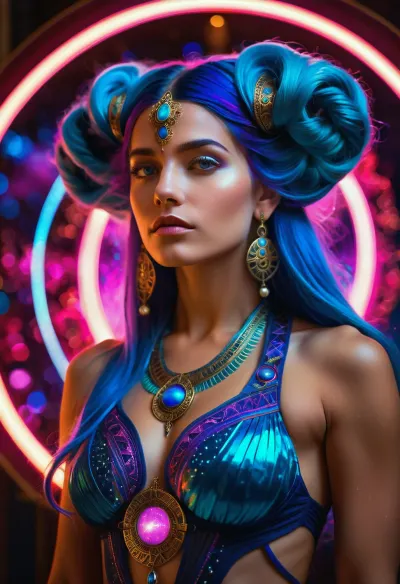 (masterpiece:1.2), (photorealistic:1.1), a stunning close-up portrait of a, (divine, mythical goddess:1.3), with, (glowing, luminous blue hair:1.4), that seems to be made of cosmic energy, long flowing locks, ethereal, celestial. She has, (delicate facial features:1.1), (piercing sky-blue eyes:1.2), and, (full, sensuous lips:1.05), . She wears, (intricate, ornate golden jewelry:1.1), including a tiara-like headpiece and ornate earrings. Her attire is a, (form-fitting, armored gown:1.1), with cosmic patterns and glowing orbs. The background is a, (deep, dark cosmic void:1.2), illuminated by a, (vibrant, pulsating neon circle:1.3), of, (pink and purple light:1.2), creating an aura or halo behind her head, adorned with faint astrological or symbolic patterns. Scattered throughout the darkness are, (glowing blue and purple stardust particles:1.1), (tiny, sparkling nebulae:1.05), suggesting a deep space environment., (Dramatic, high-contrast lighting:1.2), with strong rim lighting outlining her form, casting, (soft, iridescent glows:1.1), on her skin and features. The scene is bathed in, (cool blue and hot pink neon light:1.3), creating a futuristic and mystical atmosphere., (sci-fi fantasy, cosmic opera:1.2), (digital painting, concept art:1.1), (smooth, sharp focus:1), (intricate details, octane render, unreal engine:1)
