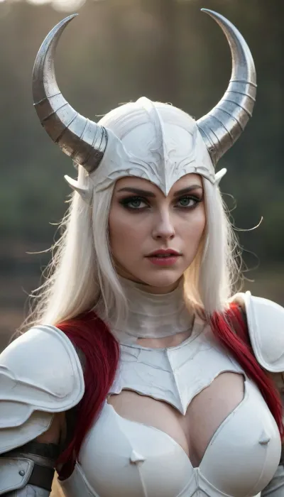 Succubus, Lilith, sin. Broken Horn. Minatour like body. In battlefield of fire hunting humans. Day time. Only her eyes covered. demon white skin. evil., (dressed in white armour)