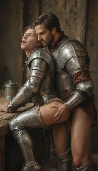 Gay, homosexual. 2 men a bar keep and a knight., (1 bar keep, hot young man, extremely hot figure, elegant medieval cheap-quality shirt of his guild, trousers pulled down, sweaty short black hair, whole appearance radiates youth enjoyment pleasure consumption indulgence seduction, moans orgasm, lust, passion, pleasure, bent over a table, bare perfect fit round ass), (1 knight, young man, strong, experienced, medieval, male, (only he is in leather ceremonial armor with golden fittings and heavy metal shoulder pads:1.2), bare butt, bare hairy legs, medium dick), Anal Doggystyle, the barkeep is fucked by the knight from behind in a medieval tavern, the knight grabs his cock, Two mugs of beer with foamy head are on the dirty table, <lora:tbh71-sdxl:.8>