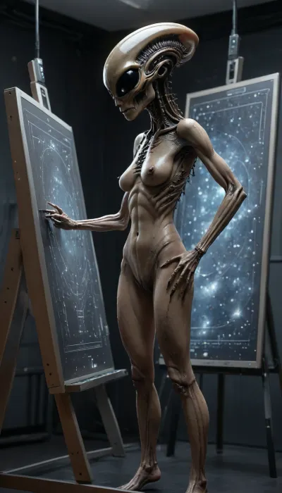 nude female xenomorph stands behind the electronic easel, points to a constellation, black skin, bow, INFO, artln, <lora:artfullyALIEN_SDXL_V1-000006:.8>
