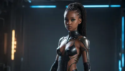 20000425.0, (full body portrait), Full body view, (((Very Petite girl))), goblincore, fairycore, gothic, A powerful futuristic warrior woman with dark skin. Her braided hair is adorned with metallic embellishments, giving her a regal yet battle-hardened look. Her piercing blue eyes shine under the cool neon glow of a high-tech dystopian world. She wears a sleek, armored bodysuit with biomechanical elements, exuding a commanding presence as a leader of a cybernetic rebellion, aesthetic, ((black younder girl)), ((flat-chested:1.7)), <lora:Sci-fi_Space_Stations:.8>, cybernetic, corruption, organic, tissue, synthetic, components, enhancements, <lora:XL_Cybernetic-Corruption_V1.1:.8>