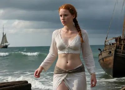 oil painting, A resilient pirate captain, with weathered skin, a scar on her left breast, full body view, a determined gaze and wet ginger hair braided with found objects that subtly chime with her movements, wears white long dressshirt that exposes her wet hairy ginger pussy, no pants, pantyless, traversing a bustling dock where waves seem to splash, and where the very ground seems to be cracking with the weight of time and with the heat haze subtly distorting the world around her, emphasizing her strength, and the harshness of the environment with a wide angle and a strong backlighting that captures the vast scale of the world and the resilience of her character, and a mood that is both melancholic and hopeful, the image of a sloop in the distance reflects both the beauty of the world around her, but also the promise of a future that is still yet to be decided., no bra, covered nipples, <lora:457456_training_data:.7>, braless, Wearing, clothes, that, make, sense, with, Braless>, <lora:bralessSDXL_v1_00022:.8>
