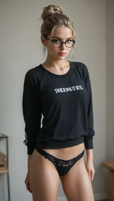 blonde woman, sexy, 35 years old, hair tied up in a mess, black plastic glasses, (like rayban), an oversized men's sports sweatshirt, lace panties, (tenga), standing, (sexy pose)