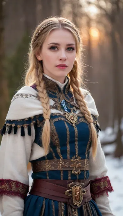 A fiercely proud Nordic girl stands, her presence exuding unwavering strength. Her blonde braids cascade down her back, framing a face marked by determination and resilience. This stunning portrait captures her piercing blue eyes, reflecting the icy landscapes of her homeland. The intricate details of her embroidered Viking armor and fur-lined cloak speak of her warrior spirit. This high-quality painting seamlessly combines power and grace, drawing the viewer into the captivating story of a fierce Nordic warrior princess. body manipulations, divine proportion, non-douche smile, gaze into the camera, holographic shimmer, whimsical lighting, enchanted ambiance, soft textures, imaginative artwork, ethereal glow, silent Luminescence, whispering Silent, iridescent Encounter, vibrant background, full body, (((rule of thirds))), high quality, high detail, high resolution, (bokeh:2), backlight, (long exposure:2)