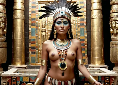 Aztec priestess, ((in a semi-transparent crystal temple)), face painted with ritual patterns, ritual Aztec headdress of feathers, beautiful semi-nude figure decorated with amulets, clutching an onyx bowl of water, in her left hand a golden cob of maize.