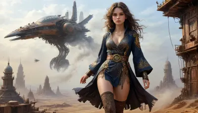 A high-quality studio photograph with a dark background and expert lighting creates a perfectly balanced frame. The deep contrast of the dark backdrop ensures the subject stands out, capturing the viewer's immediate attention.

Professional lighting techniques are employed, utilizing multiple light sources to achieve a uniform and soft illumination. This minimizes shadows, enhancing the texture and intricate details of the subject. The color temperature and light intensity are meticulously selected to accentuate the object's beauty and expressiveness.




The image features a stunning brunette with long, tousled curls and a playful fringe. She is flying on the mechanical bird. The backdrop showcases a futuristic cityscape against the desolate landscape of Tatooine, adding an air of mythical grandeur.

Dressed in a luxurious robe adorned with exquisite patterns, the girl's attire harmonizes with the atmospheric setting. Her pose suggests a sense of strength and poise, while her movements embody the fluidity and rhythm of dance. She wears knee-length socks and boots that complement her robe, completing her ethereal appearance. Cyberpunk. Steampunk.

The high-resolution image is enhanced with advanced LORA techniques, including, <lora:add-detail-xl:.8>, for maximum clarity, <lora:xl_more_art-full_v1:.8>, for a rich, detailed aesthetic, <lora:antique_illustration:.8>, to evoke a timeless, mythical feel, and, <lora:detailed_notrigger:.8>, to ensure every element is meticulously rendered., <lora:fog_creatures_v4:.8>, .