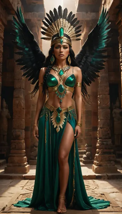 A young Aztec priestess, 25, obsidian eyes, long braided black hair with jade beads, stands in a towering crystal temple. Obsidian robe, gold embroidery, feathered headdress. Fierce, determined expression, hands raised. Ethereal light, torchlight shadows, Art Deco-Aztec architecture. Dark, dramatic palette, hyperrealistic style, emphasizing texture. Low angle, impending storm., crystalline, dress, <lora:xl_crystalline_dress-1.0:.8>, style, of, Aztec, <lora:tbh264-sdxl:.8>
