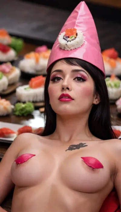 1girl, solo, black hair, hat, closed mouth, blurry, black eyes, lips, looking to the side, blurry background, looking away, portrait, realistic, red lips, pink headwear, breastclamp, <lora:breastclamp_SDXL_reg0_03s:.8>, nyotaimori, food, <lora:nyotaimori-000050:.8>