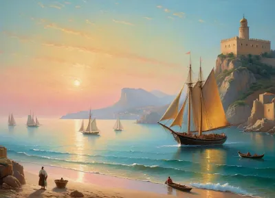 The painting is in the style of the Russian artist Ivan Konstantinovich Aivazovsky.In the central part of the canvas there is a sailboat standing on a raid near the walls of the Genoese fortress. The rays of the rising sun turn the sails of the ship pale pink. The turquoise expanse of the sea is calm, and the unfurled sails are reflected in it, as if in a mirror. In the foreground of the painting, on a sandy beach near the sea, the viewer sees a cart pulled by two oxen and a boat approaching the shore. Near the cart and boat, the author depicted local residents dressed in national costumes.
In the haze of morning fog, the outlines of sailboats standing in the bay are barely discernible. The rays of the sun rising over the mountains fill the sky, the peaks of the rocks and the sea near the horizon with a warm lemon yellow color.
In the misty haze on the tops of the coastal cliffs, you can see the ancient towers of the ancient Genoese fortress.
The painting is imbued with lyrical romanticism, which is especially felt on Aivazovsky's canvases, painted in the so-called oriental taste.
