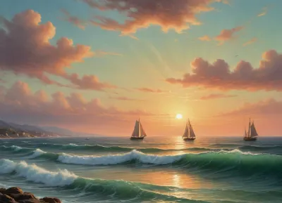 The painting is in the style of the Russian artist Ivan Konstantinovich Aivazovsky.The painting depicts the evening dawn of the sea near Malaga, a Spanish port city.

A boat is sailing through the high waves of a choppy sea, the rowers are working their oars with all their might to overcome the waves. Longboats and ships with lowered sails are parked at the pier.

The rays of the setting sun turn the edge of the pale green sky into a honey-yellow color, against which city buildings are clearly outlined, [1], .

The work is painted in bright colors. The author depicted the sky in one step, using a wide range of shades — light green, turquoise, pink, yellow, orange. The heavens are reflected on the surface of the rolling sea, coloring the waves in the same colors. The painter conveyed on canvas with realistic accuracy transparent sea waves, on the crests of which foam crests bloom, which crumble as they approach the shore., painted in the so-called oriental taste.