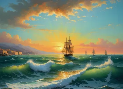 The painting is in the style of the Russian artist Ivan Konstantinovich Aivazovsky.The painting depicts the evening dawn of the sea near Malaga, a Spanish port city.

A boat is sailing through the high waves of a choppy sea, the rowers are working their oars with all their might to overcome the waves. Longboats and ships with lowered sails are parked at the pier.

The rays of the setting sun turn the edge of the pale green sky into a honey-yellow color, against which city buildings are clearly outlined, [1], .

The work is painted in bright colors. The author depicted the sky in one step, using a wide range of shades — light green, turquoise, pink, yellow, orange. The heavens are reflected on the surface of the rolling sea, coloring the waves in the same colors. The painter conveyed on canvas with realistic accuracy transparent sea waves, on the crests of which foam crests bloom, which crumble as they approach the shore., painted in the so-called oriental taste.