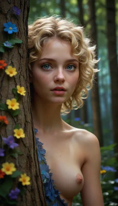 ultra high detailed digital painting, 3d game character rendering, strong bloom effect, beautiful nude forest fairy peeking out from behind a tree in the forest, medium breasts, translucent skin, perfect detailed face, colorful wild flowers, short, curly, hair, blond, blue, eyes, ornament, <lora:PAseer-SDXL-LuLu花仙子:.8>