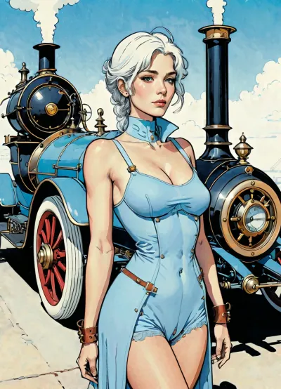 score_9, score_8_up, score_7_up, source_anime, woman posing next to steam powered car, (A detailed anime drawing with clean lines and meticulous shading, flat colors, line art, no gradients, blue and gray palette), realistic anatomy, steampunk, Victorian london, fog, myst, cloudy sky, Moebius, detailed face, (Jean, Giraud), page, lineart, <lora:Moebius (Jean Giraud) Style:1>, <lora:outline_xl_kohaku_delta_spv5x:1.1>, <lora:lineartSDXL:.8>