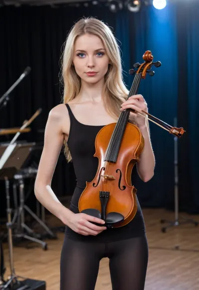 Full body shot, 23 year old very thin, very skinny lithuanian woman, messy long straight blonde hair, bright blue eyes, slender face, very pale skin, thin narrow body, small breasts, small waist, hipbones visible, (cum stained black clothes), (grey skintight leggings showing vulva and pussylips underneath), holding a violin, standing backstage at a concert