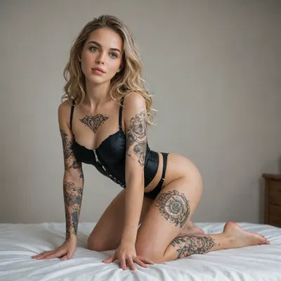 Beautiful swedish young girl, 20 years old, (older than 18), skinny body, blonde white hair, perfect face, perfectly detailed green eyes, perfect eyes, detailed eyes, symmetrical eyes, sharp eyes, detailed eyes and pupils, seductive face with freckles, lots of freckles, bangs, perfect nose, wavy hair, (highly detailed hair), (tanned), perfect breasts, perfect tits, very slim waist, anorexic, (anorexic:1.8), anorexic skinny, tiny waist, skinny stomach, slim waist, woman, perfect legs, perfect arms, long legs, skinny, (extremely narrow waist), fit ass, perfect ass, thigh gap, tattoos, back tattoos, snake tattoo, (arm tattoos:1.8), (leg tattoos:1.8), ##### ##### Corset
Tight, shiny black corset made of vinyl or latex
High waist, covers the stomach and ribs
Silver trim around edges and seams
Front has a zipper or metal clasps
Back has lacing or a smooth panel
Strong shape, pushes up the chest and pulls in the waist

Bra
Small, black mesh bra or strapless cups
May be built into the corset or worn under it
Optional, glowing light trim or metallic lines

Panties
Tiny silver or black thong
Thin straps on the sides
Shiny or matte finish
Cut high on the hips
Back is narrow and minimal

Garter Belt, (optional, if not part of corset), Black or chrome garter straps attached to the corset
Four straps hanging down from hips
Shiny metal clips at the ends
Straps connect to stockings

Stockings
Tight thigh-high stockings in black or metallic gray
Smooth, latex or rubber-like material
Top bands have a glowing blue line ##### #####
On All Fours
Knees wide, on elbows, back arched
Head down, eyes focused forward
Hair spilling down or pushed to one side
Hips raised slightly higher ##### #####
DSLR camera, best quality, best resolution, uhd, perfect composition of lights and shadows, dynamic, the brightest image, clear focus, high resolution, (extreme detail), (ultra realism), UHD, super high quality, super high resolution, extremely detailed