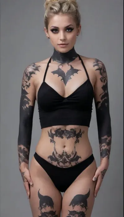 Generate a portrait image of a young caucasian adult woman, brown eyes, blonde hair tied to a knot, (black tube top without straps:1.5), ((many black tattoos on her torso:2)), ((many black tattoos on chest)), (tattoo sleeves:1.5), no collar, silver nose ring, womb, on, stomach, breasts, demon, wings, horns, full, body, tattoo, no visible hands, (nipple shadow:2), <lora:womb_tattoo_v6_SDXL:1.8>, <lora:FBT-000002:1.4>