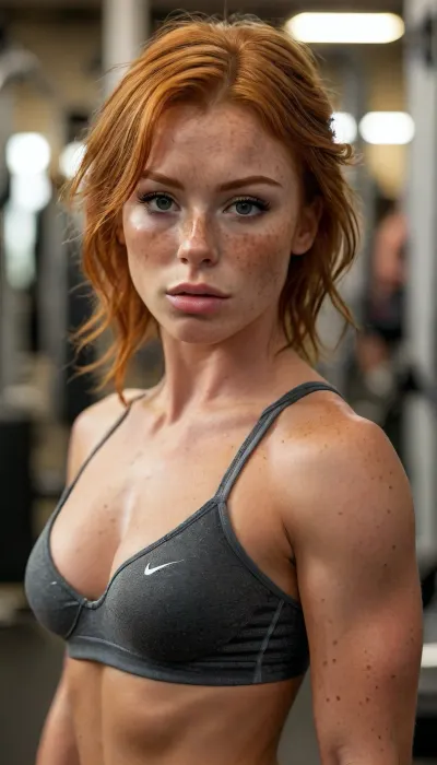 ziprealism, (inspirational athletic poster, Nike poster, inspirational action shot:1.2), (impressively athletic woman in a gym, body builder, fit body, muscular shoulders, muscular thighs, defined abs:1.6), (fierce expression, inspirational atmosphere of determination), (f/2.8, shallow depth of field, creamy bokeh, flattering full body shot, medium full shot, layered composition with subtle foreground, focus on abs:1.4), (vibrant ginger hair, freckles, short hair, swept-back hairstyle:1.2), (catchlights, sharp contrasting limbal rings, large expressive eyes, stunning eyes, perfect eyes, slightly downturned eyes), (full lips, soft lips, moist lips), (tanned oily skin, tan lines, large teardrop breasts, pale breasts, natural skin texture), igbaddie, <lora:MJ52:.6>, <lora:igbaddie-XL:.4>