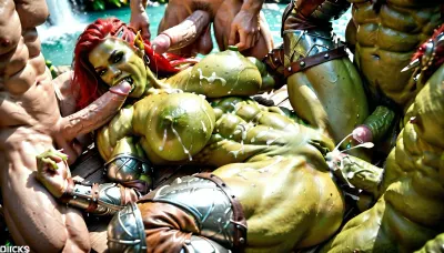 4k, orc female is 40, (green skin:1.3), (((female have full green skin))), ((same skin color as hulk from marvel), (orc female face), (orc teeth), muscular female orc, abs, missionary position, gangbang by huge massive dicks, (dicks size:1.2), huge boobs, green tits, red hair, cum waterfall from her mouth, anal sex, Barbarian armor, slutty armor, shaved pussy, lot of dicks, lot of cum, green pussy, perfect pussy, perfect boobs)