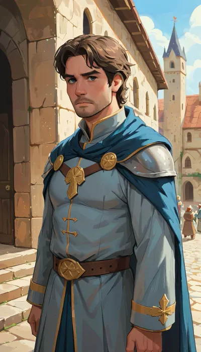 He is Roland, (male:1.8), man, (50 y.o.:1.2), slavic, 1man, solo, same face at any distance, short dark-gray hair, gray temples, natural skin, realistic skin texture, confident, (muted gray-blue eyes:.8), (subtle beard shadow:1), masculine, not-skinny, king, Prince Roland commanding guards, A nobleman. Wearing in royal robes, silver trim, fur-lined cloak. Standing on a stone dais in a sunlit castle courtyard.
Surrounding, Dozens of armored guards in polished steel breastplates and open-faced helmets, standing at rigid attention. Spears upright, shields bearing a four-leaf clover emblem. Distracted glances toward Roland's intense presence.
Background, High medieval castle walls draped with colorful festival banners. Cobblestone yard, training dummies, distant stables. Golden hour sunlight cutting through morning mist, casting long shadows.
Composition, Low-angle shot emphasizing Roland's authority.
Atmosphere, Tense anticipation before a grand festival.

ultra-detailed, 8K, cinematic daylight, soft colors, photorealistic oil painting, non-glossy skin, (j_cartoon:1.4), masterpiece, score_9, score_8_up, score_7_up, score_6_up, best quality, digital, (j_cartoon:1.5), Drawing, Medieval, Town, ŧøɱɦøłłɐɳđ, <lora:samdoesarts1.1-000030:.4>, <lora:J_cartoon:.3>, <lora:Animated_Concept:.4>, <lora:JJsMedievalTown_XL:1>, <lora:tomholland-ŧøɱɦøłłɐɳđ-xl_10100_lora_f32:1.6>