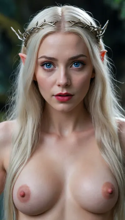 (galadriel face from rings of power), (galadriel hair from rings of power), (galadriel ears from rings of power), Small natural perky breast, wet skin, oily skin, dripping from vagina, seductively looking into the camera, long curvy hair, wet hair, symmetrical face, long eyelashes, cinematic, round ass, white hair, big beautiful blue eyes, red lips, dark eye shadow, elvish ears, full body view