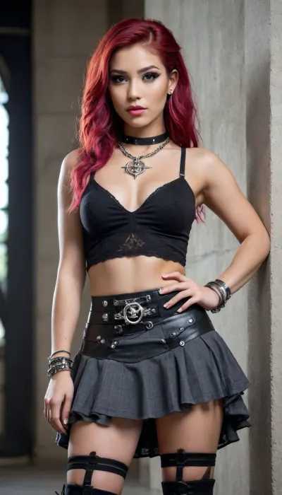 20yo, (Filipino), fit women, (with red hair and pink lipstick), wearing, (colour scheme, black, grey, silver, pink), (Sexy backless black&pink-charcoal-tartan-micro petticoat skirt), and, (bohemian lace deep plunge top), (deep cutout skirt), steampunk, cyborg, cyber-goth, pixie-punk, long hair, waist length V-Cut hair with Curled Ends, detailed lace pixie hair, (hair in wind), (oversized-triple-belt-slouch-boots), (chunky silver pentagram and skull silver jewellery:1), (glowing eyes), (buckle details:1), (silver body jewelry:1), (full body portrait:1), (chain waist-belt), (collar), (elaborate style hair), (elaborate Sleek shoulder-length-bohemian-pigtails with a Deep Side Part), messy hair, complex micro-skirt on a sexy fit model, with a toned body and long legs., (She has dermal anchors piercings), (wrist bangles), (bracelets), (necklace), (arm cuff), she is inside a neo-modern architectural space with large natural stone monoliths bearing pagan symbology in gold and silver. There is magical lighting to the space. she is leaning up against a wall