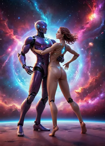 (humanoid robot), twirls in a dance with a muscular male robot, dancing a passionate tango, muscular male robot twirls android woman around the waist, spinning in an energetic sexy dance, most sexy android woman, (dancing action pose), view of a vast cosmic ocean, (full body view), ((vivid nebula, planets, stars background)), (multicolored), <lora:robot_skin_XL_1.0.6:.8>