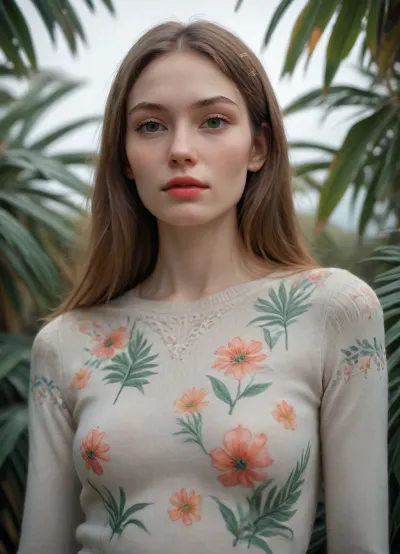 breathtaking art nouveau style painting, a beautiful Icelander human young woman with, (light freckles:.8), and a tired expression, (slender:1.4), wearing a floral print sweater. Chaos explosion of palm leaves. natural skin, textured skin, (High Fantasy aesthetic:1.2), (flash photography:1.3), pastel colors., . elegant, ornate, flowing lines, detailed, decorative, simple . award-winning, professional, highly detailed, <lora:CuteLora:1>, Sexuality, Training, Belt, <lora:Sexuality Training Belt sdxl-v3.0(from below + spread legs)l:.8>