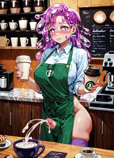 A futanari slime girl barista, she's only wearing an apron and a pair of purple thigh high socks, she's cumming into a cup of coffee, her face is blushed and flustered, <lora:SlimeGirl:1.8>