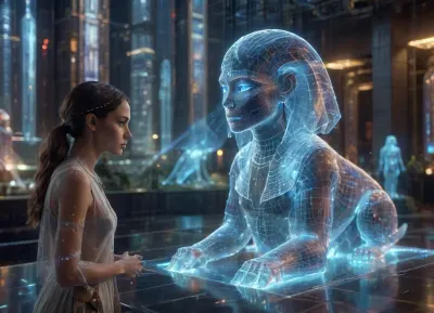 A young 1woman in a modern metropolis conversing with a holographic Sphinx, sci-fi style, noc-wfhlgr, <lora:noc-wfhlgr2:.8>, Transparent, Hologram, Woman, Holographic, Projection, <lora:Transparent_Hologram_Woman_epoch-3-resized:.8>, <lora:Fresh Ideas@wireframe hologram:.8>