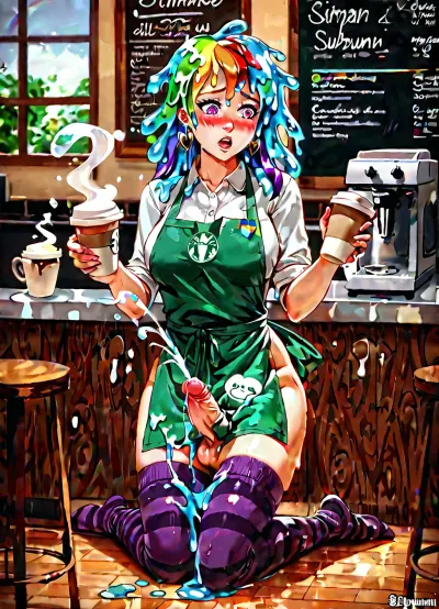 A futanari slime girl working at a coffee shop, she's only wearing her apron and purple thigh high socks, shes up on the bar kneeling, she's stroking her penis and cumming into a cup of coffee, her face is blushed and flustered, thighhighs, knitted, insert, colour>, striped, and, rainbow, <lora:thigh_highs_SDXL:.8>, <lora:SlimeGirl:.8>, starbuni, emblem, green, apron, <lora:starbuniXLv1:.8>
