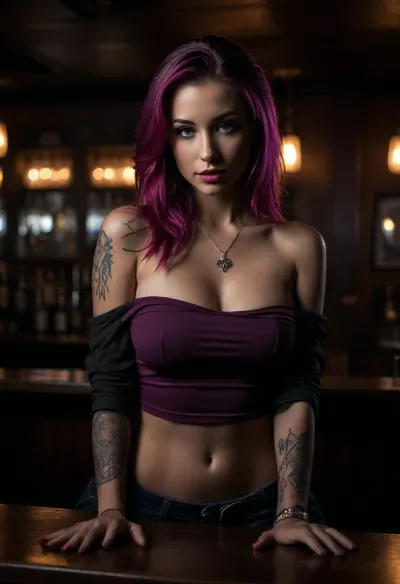 neonpunk style, (25 year old bartender), small tits, tattoos, piercings, standing behind the bar, (leaning forward over the bar), leaning towards you, leaning on the bar, hands on the bar, focus on pretty face, long hair, (loose off the shoulder top), (looking down shirt), downblouse, seductive, horny expression, (head on view), dive bar, punk style, cyberpunk, vaporwave, neon, vibes, vibrant, crisp, hyper realistic, sleek, magenta highlights, dark purple shadows, <lora:attractive_notrigger:.5>, <lora:dark:.3>