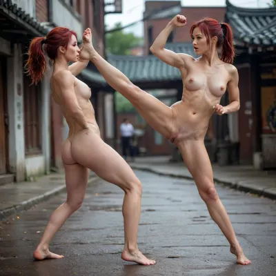 realistic, natural beauty, 35 years old, nude in the streets, red hair, fighting naked with asian girl, dark haired girl, athletic and flexible, bubble butt, kick, leg up, karate, Taekwondo. kickboxing, warrior, dirty, mud, crowded, intense, wrestling, mma, flexible, high kicks, naughty, ((high detailed pores on skin)), standing, ((one leg raised)), holding raised leg, <lora:SDXL_BetterFaces-LoRA_v1:.7>, detailed hands