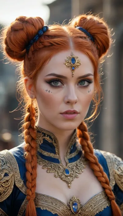 20000419.1, A mesmerizing fantasy portrait of a fierce warrior princess with striking, fiery orange hair styled into intricate twin buns and detailed braids. Her deep blue eyes contrast against the warm hues of her ornate golden and black embroidered outfit, creating a regal, almost mythical presence. The detailed face paint adds an extra layer of mystique and power to the image