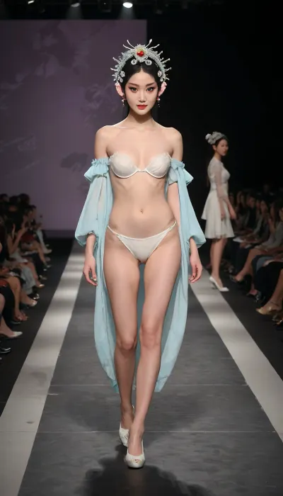 (fashion week, modern, fancy light, dark background, runway fashion show:1.4), (some girls in line, asian, long legs, tall girls, 180 cm:1.4), (walking, white underpanties:1.2), Chinese traditional opera hair style, (slender bodies, long legs:1.3), (top naked, natural breasts:1.3), (without makeup:1.2), black hair, (black thick curly pubic hair:1.2), (white high heels shoes:1.2), (cool face expression:1.3), chinese, peking, opera, show, podium, walks, posing, fashion, runw4y, <lora:MaybeBetterFaceInFullBodyLora_XL_rev3:1.3>, <lora:chinese_peking_opera:.6>, <lora:fashion_runw4y:1.6>, <lora:493467_training_data:1.2>