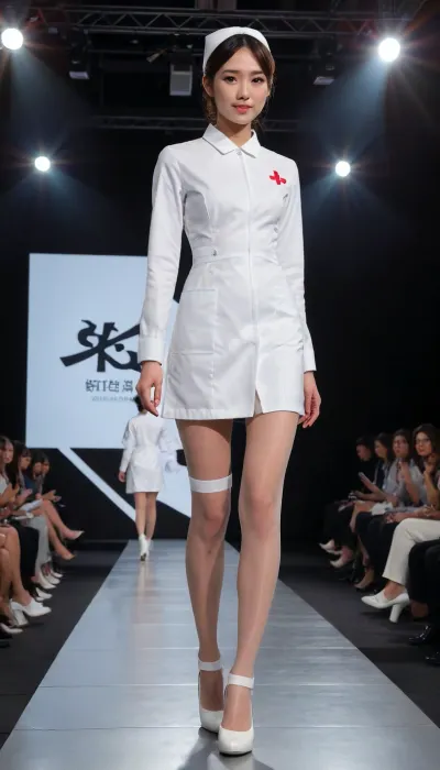 (fashion week, modern, fancy light, dark background, runway fashion show:1.4), (1girl, Asian, nurse, long legs, tall, 180 cm:1.4), (front view:1.2), (walking:1.2), (Chinese nurse short hair style, nurse uniform:1.1), (slender body, long legs:1.3), (without makeup:1.2), black hair, (black thick curly pubic hair:.1), (white flesh stockings, white low heels shoes:1.2), (cool face expression:1.3), show, podium, walks, posing, fashion, runw4y, surgical, outfit, nurse, uniform, <lora:MaybeBetterFaceInFullBodyLora_XL_rev3:1.1>, <lora:fashion_runw4y:1.6>, <lora:493467_training_data:1.2>, <lora:concept_surgeon_xl_v1:.6>, <lora:nurse_uniform_xl_v1_1:1.8>