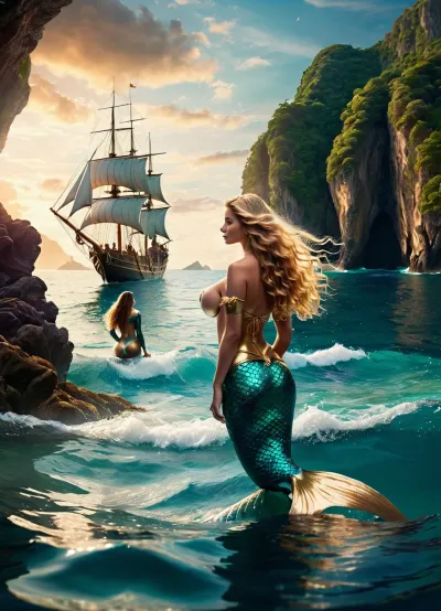 Full-color image, 8K quality, dark fantasy style, 1man, 1woman, tropical island bay, a sailing ship visible in the distance, a, ((young sailor male)), standing waist-deep in the water, reaching out to a beautiful mermaid, ((mermaid with long golden hair and large bare breasts)), side view, full body in frame, <lora:187699_training_data:.8>