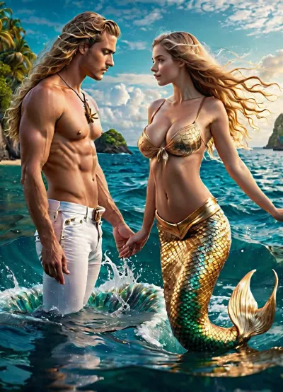 Full-color image, 8K quality, dark fantasy style, 1man, 1woman, tropical island bay, a sailing ship visible in the distance, a, ((young sailor male)), standing waist-deep in the water, reaching out to a beautiful mermaid, ((mermaid with long golden hair and large bare breasts)), side view, full body in frame, <lora:187699_training_data:.8>