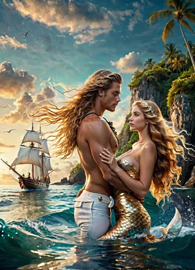 Full-color image, 8K quality, dark fantasy style, 1man, 1woman, tropical island bay, a sailing ship visible in the distance, a, ((young sailor male)), standing waist-deep in the water, reaching out to a beautiful mermaid, ((mermaid with long golden hair and large bare breasts)), side view, full body in frame, <lora:187699_training_data:.8>