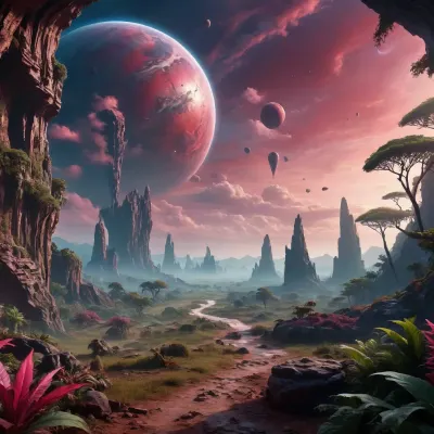 fullcolor image, 8K quality, satellite planet, fantastic jungles, alien strange landscape, alien ruins, fantastic animals. Ruby clouds. Era of space travels, cinematic atmosphere.