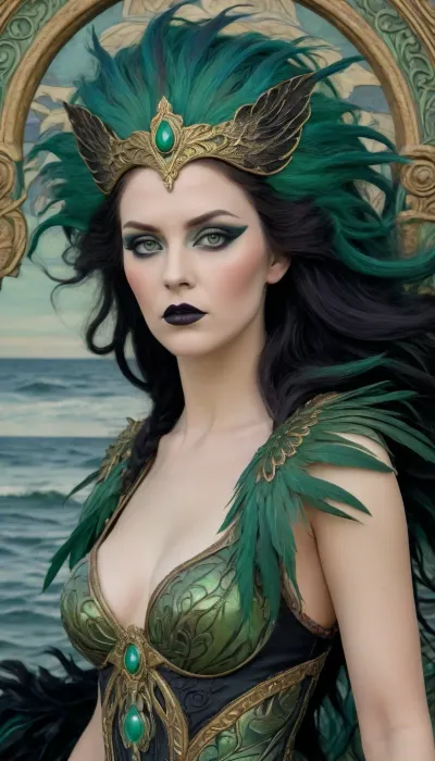 Art Nouveau style, a woman Looks like a angry siren, ((Art Nouveau ornament of feathers, wings)), (((Sea King daughter, black makeup))), (((siren with green eyes))), novuschroma, style, Ivan, Bilibin, Style, page, <lora:124_novuschromaSXL_a4:.8>, <lora:Ivan Bilibin Style:.8>